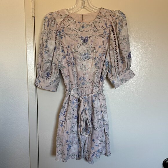 Express Floral Linen-Blend Puff Shoulder Tie Waist Open Back Romper Size Small - Picture 3 of 5